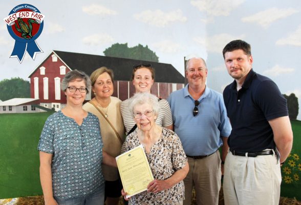 2016 Friend of the Fair honoree Betty Jane Mincemoyer with her daughter Beth Mincemoyer Egan, daughter in law Claudia, granddaughter Hanna, son Tom and Pennsylvania Department of Agriculture State Fair Coordinator Zachary Gihorski.